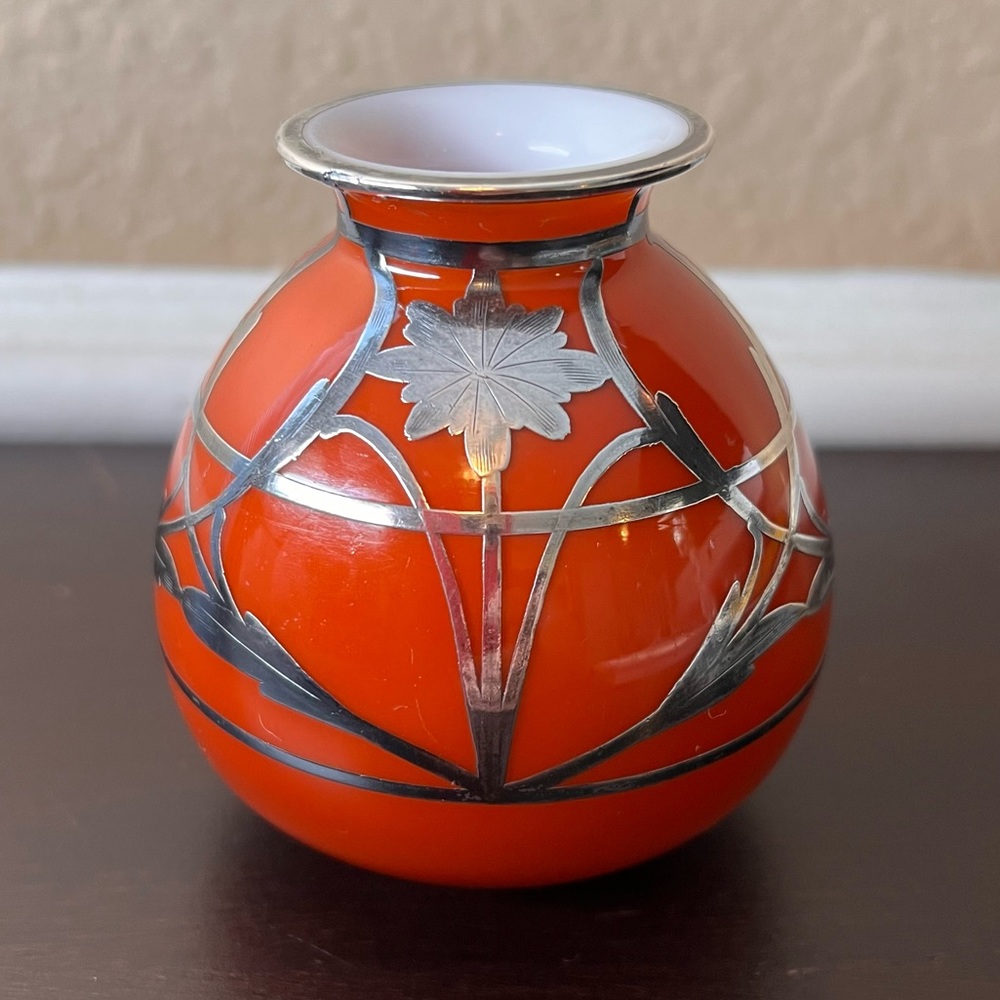 Antique EAMCO Art Nouveau Bud Vase, Burnt Orange, Blood Orange, Bohemian Glass